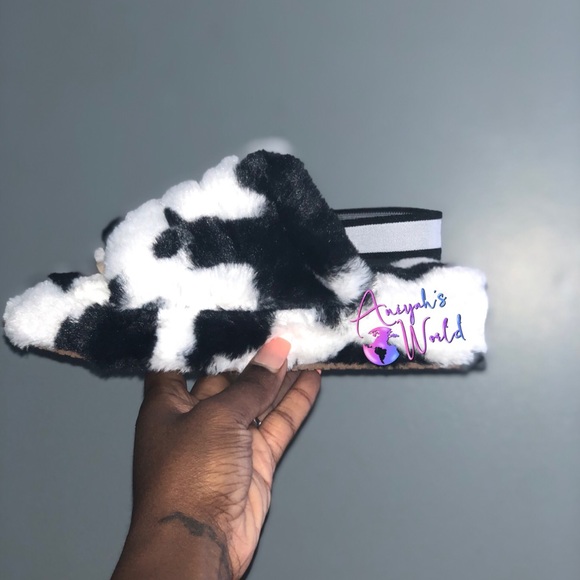 cow print fur slides